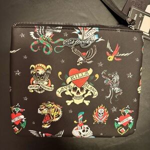 Ed Hardy Black Tattoo Inspired Zip Closure Wristlet. NWT